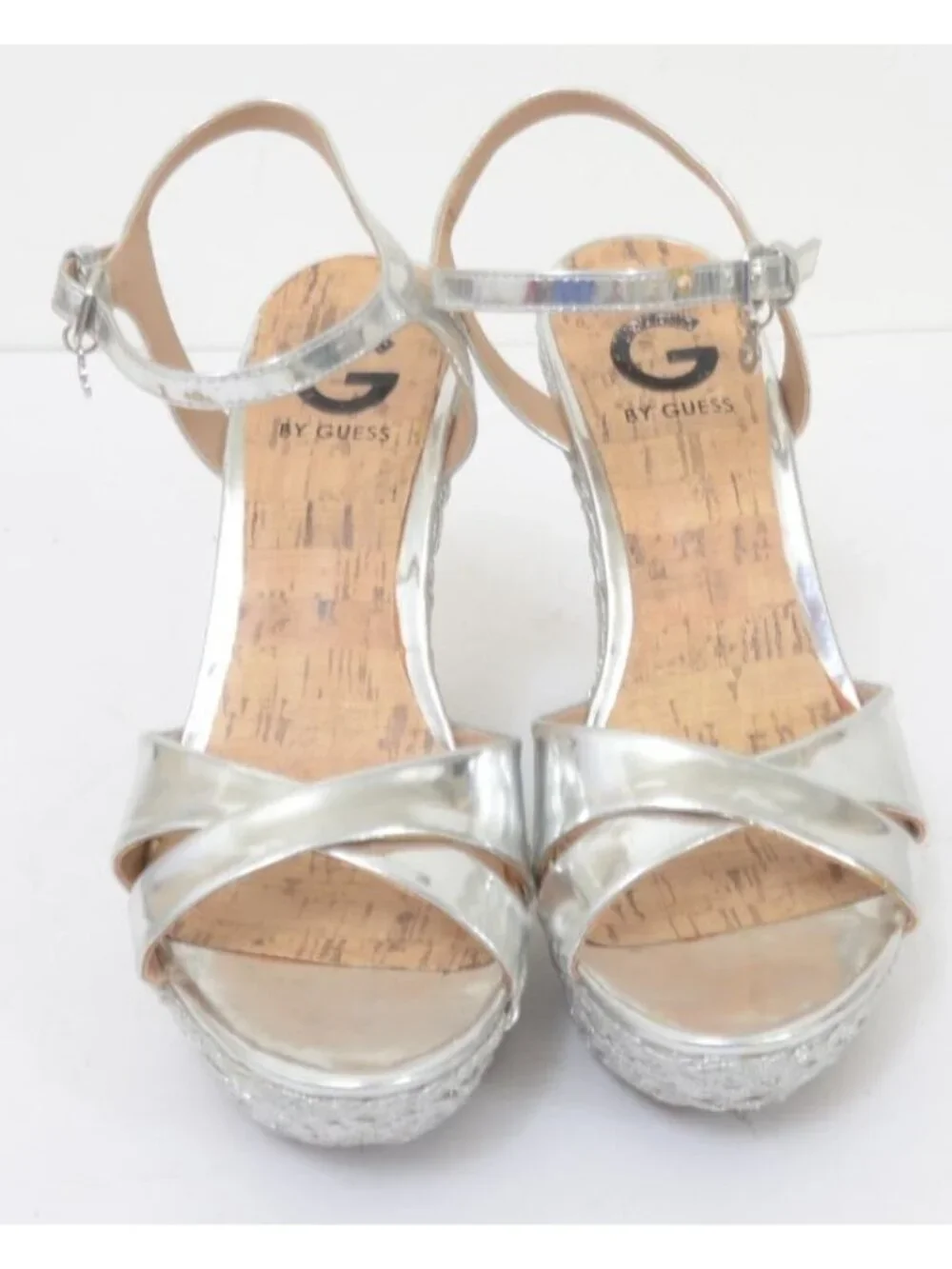 G By Guess Debbra2 Women's 8 Metallic Shiny Silver Platform Wedge Sandal Heels